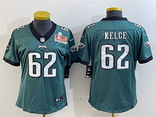 Womens Philadelphia Eagles #62 Jason Kelce Green 2025 Super Bowl LIX Patch Vapor Untouchable Limited Stitched Jersey(Run Small)